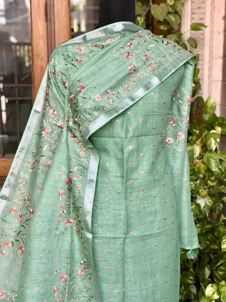 Floral Printed Linen Dress Material | Unstitched Suit Set with Cotton Bottom & Linen Dupatta for Women